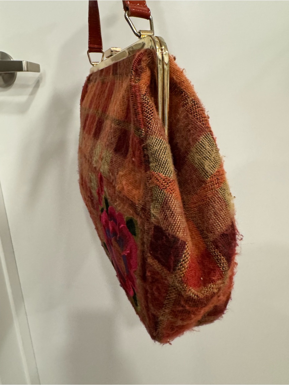 Cynthia Rowley Plaid Embroidered Floral Accent Shoulder Bag in Rust Orange - Picture 7 of 9